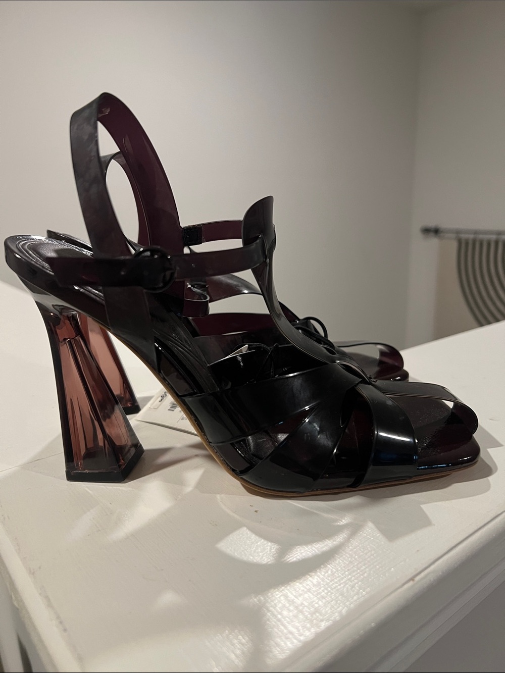 Zara Black Patent Strappy Block Heel Sandals